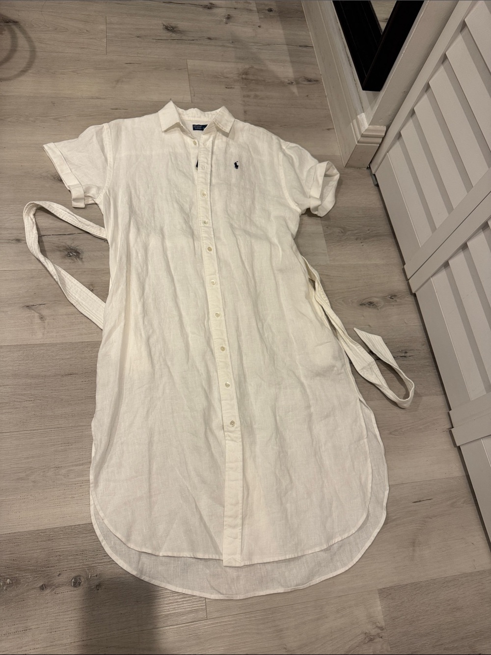 Polo by Ralph Lauren Linen White Button-Front Belted Shirt Dress with Pockets. - Picture 12 of 12